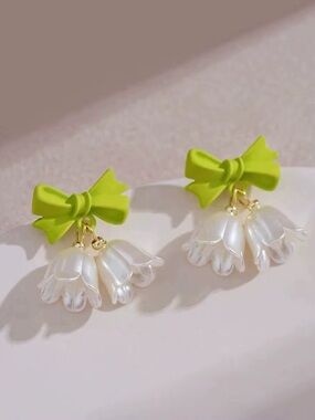 Lime Bow Drop Earrings with Pearl Petal Charms
